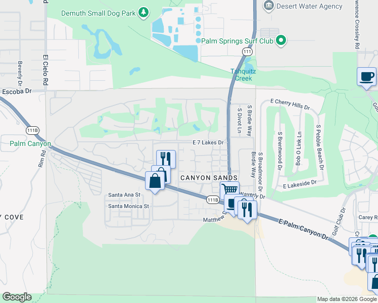 map of restaurants, bars, coffee shops, grocery stores, and more near 2344 South Linden Way in Palm Springs