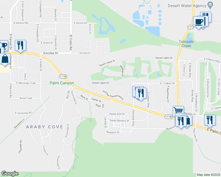 map of restaurants, bars, coffee shops, grocery stores, and more near 4190 East Palm Canyon Drive in Palm Springs