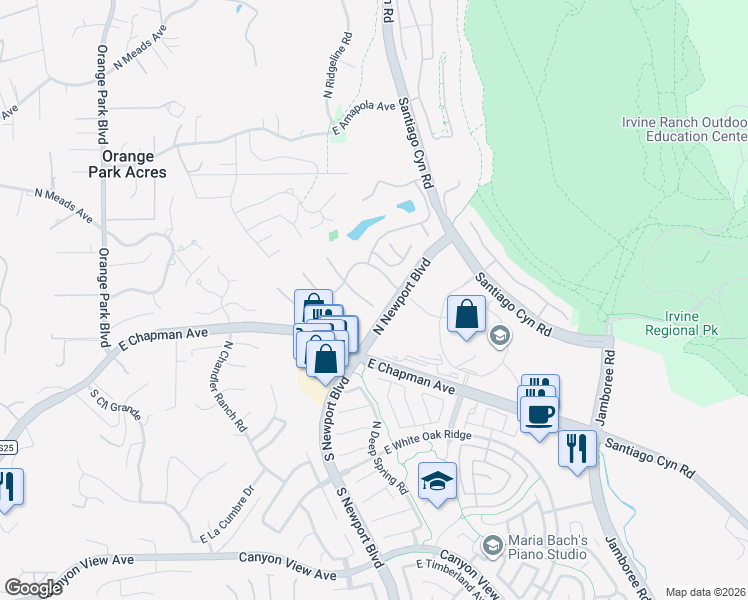 map of restaurants, bars, coffee shops, grocery stores, and more near 7804 East Appaloosa Trail in Orange