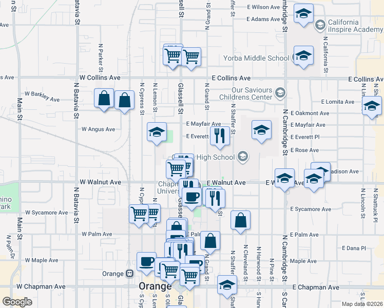 map of restaurants, bars, coffee shops, grocery stores, and more near 572 North Orange Street in Orange