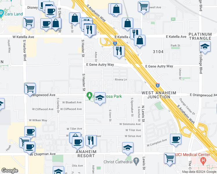 map of restaurants, bars, coffee shops, grocery stores, and more near 313 East Orangewood Avenue in Anaheim