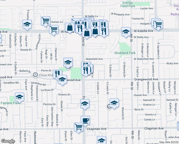 map of restaurants, bars, coffee shops, grocery stores, and more near 2060 South Euclid Street in Anaheim