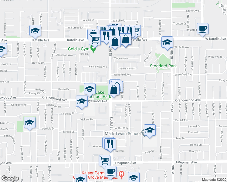 map of restaurants, bars, coffee shops, grocery stores, and more near 2060 South Euclid Street in Anaheim