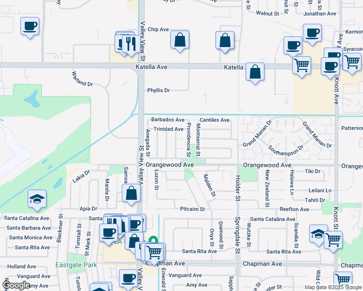 map of restaurants, bars, coffee shops, grocery stores, and more near 11469 Providencia Street in Cypress