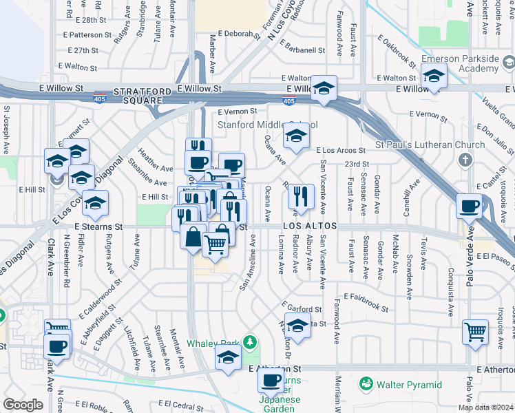 map of restaurants, bars, coffee shops, grocery stores, and more near 2212 Ocana Avenue in Long Beach