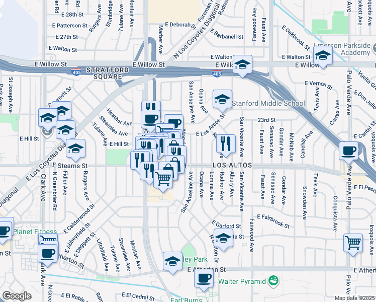 map of restaurants, bars, coffee shops, grocery stores, and more near 2205 San Anseline Avenue in Long Beach