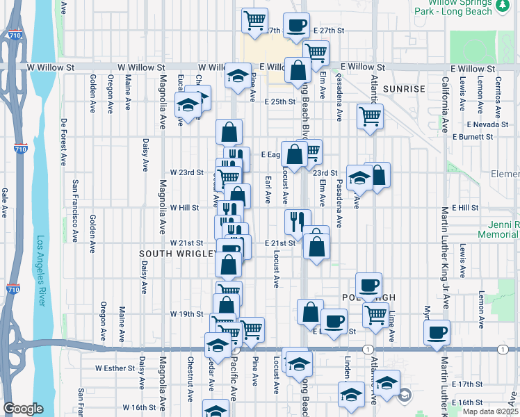 map of restaurants, bars, coffee shops, grocery stores, and more near 2166 Pine Avenue in Long Beach