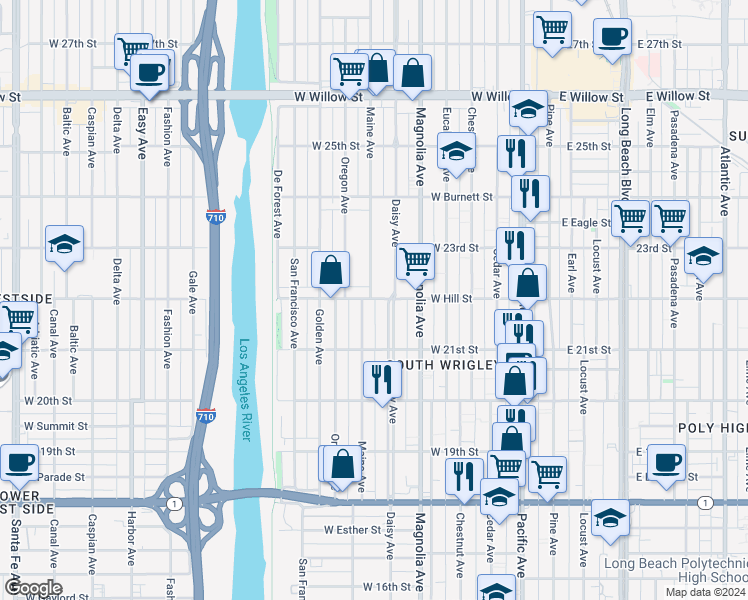 map of restaurants, bars, coffee shops, grocery stores, and more near 2161 Daisy Avenue in Long Beach