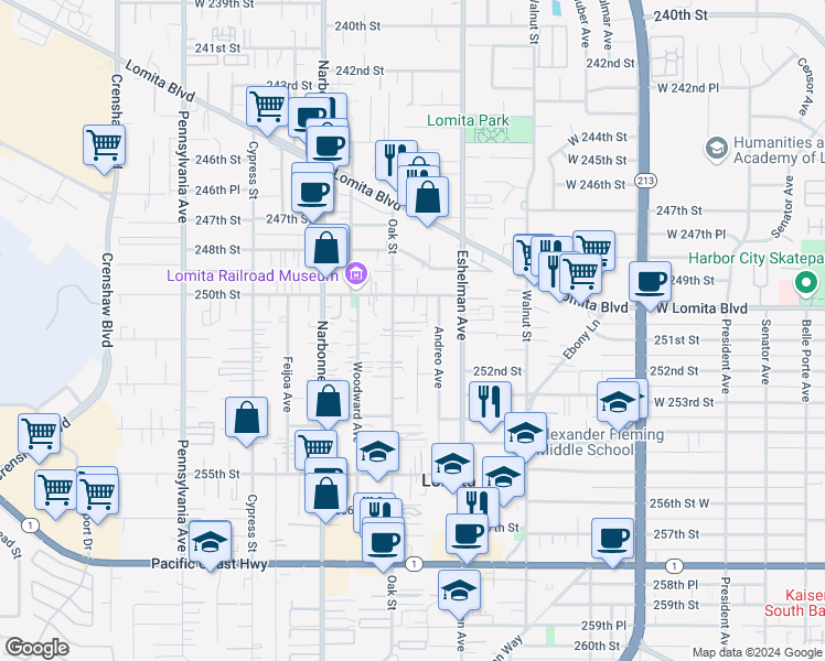 map of restaurants, bars, coffee shops, grocery stores, and more near 25106 Oak Street in Lomita