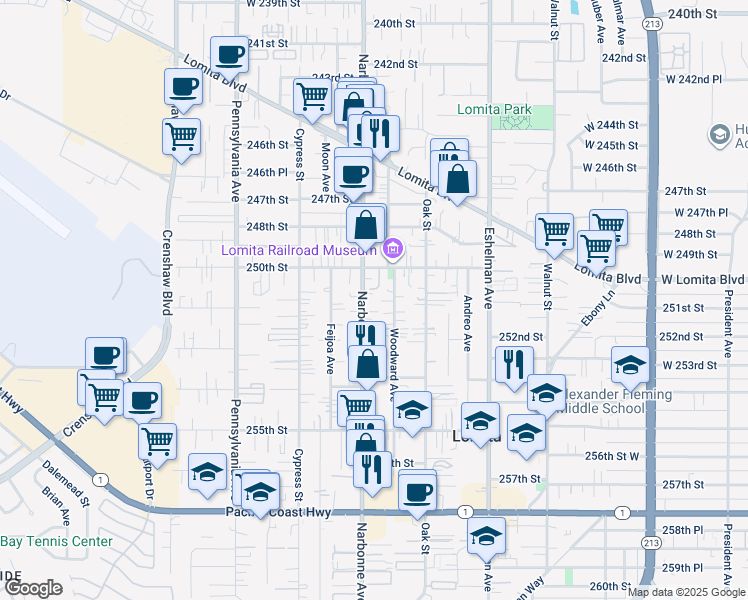 map of restaurants, bars, coffee shops, grocery stores, and more near 25107 Narbonne Avenue in Lomita