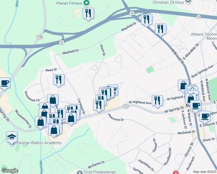 map of restaurants, bars, coffee shops, grocery stores, and more near 753 Ridge Road in Monroe