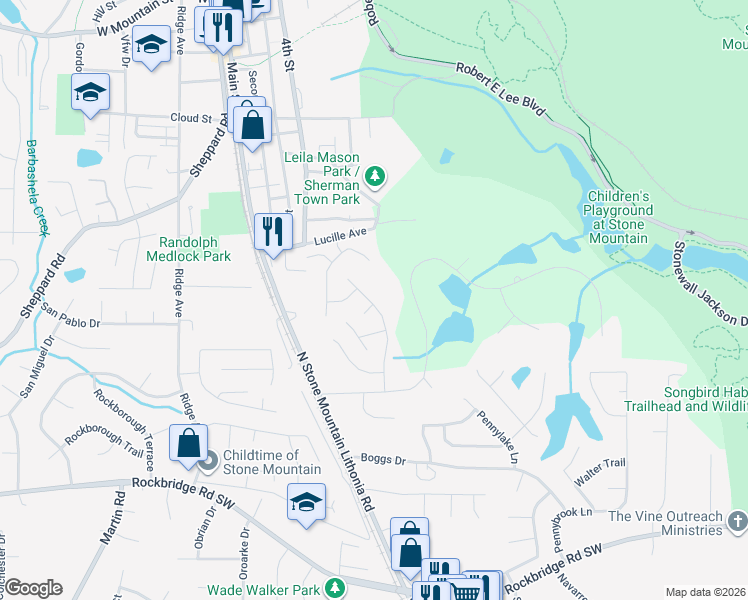 map of restaurants, bars, coffee shops, grocery stores, and more near 690 Pepperwood Lane in Stone Mountain