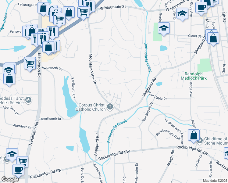 map of restaurants, bars, coffee shops, grocery stores, and more near 638 Garden Walk Drive in Stone Mountain