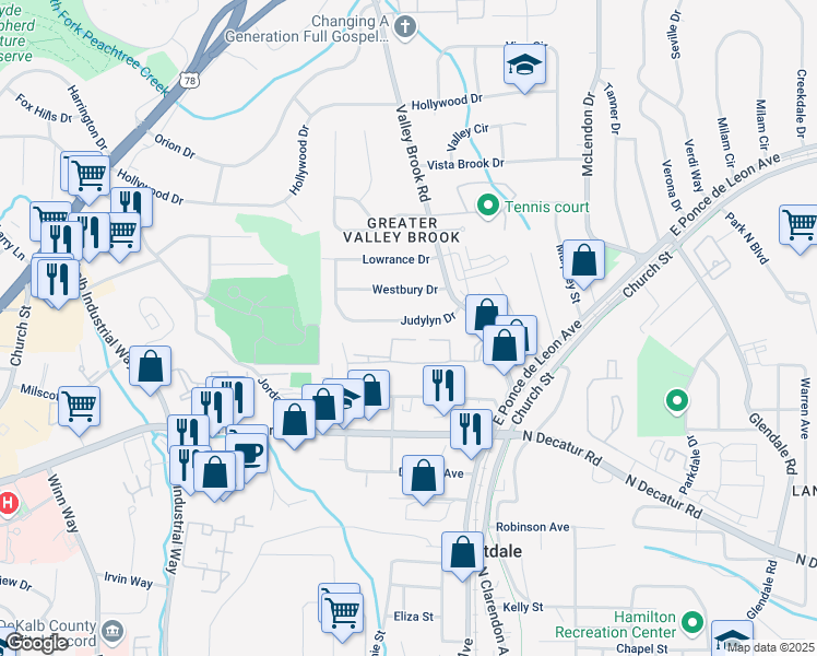 map of restaurants, bars, coffee shops, grocery stores, and more near 2981 Judylyn Drive in Decatur