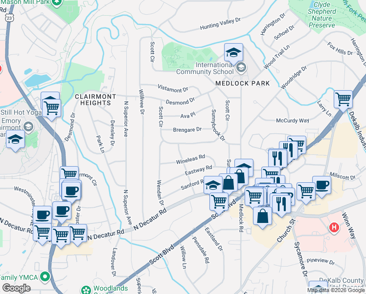 map of restaurants, bars, coffee shops, grocery stores, and more near 680 Suzanne Drive in Decatur