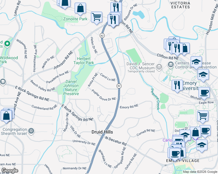 map of restaurants, bars, coffee shops, grocery stores, and more near 1242 Briar Hills Drive Northeast in Atlanta