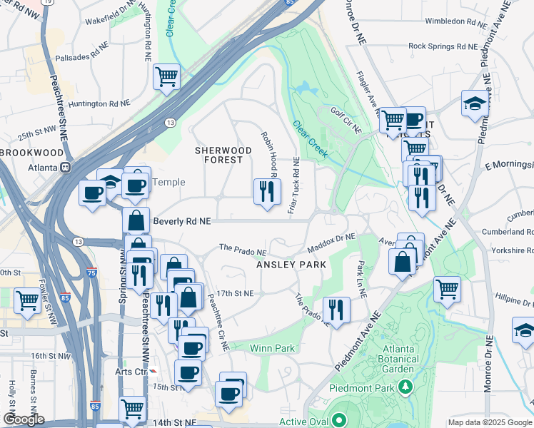 map of restaurants, bars, coffee shops, grocery stores, and more near 1878 Piedmont Avenue Northeast in Atlanta