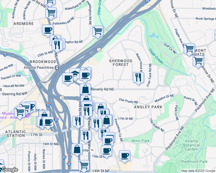 map of restaurants, bars, coffee shops, grocery stores, and more near 78 Beverly Road Northeast in Atlanta