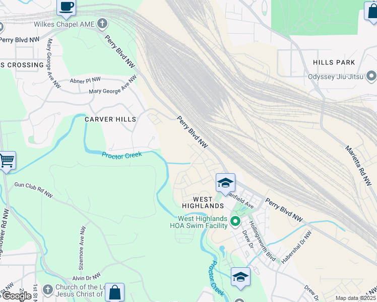 map of restaurants, bars, coffee shops, grocery stores, and more near 2090 Drew Drive in Atlanta