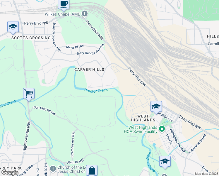 map of restaurants, bars, coffee shops, grocery stores, and more near 2338 Clarissa Drive Northwest in Atlanta