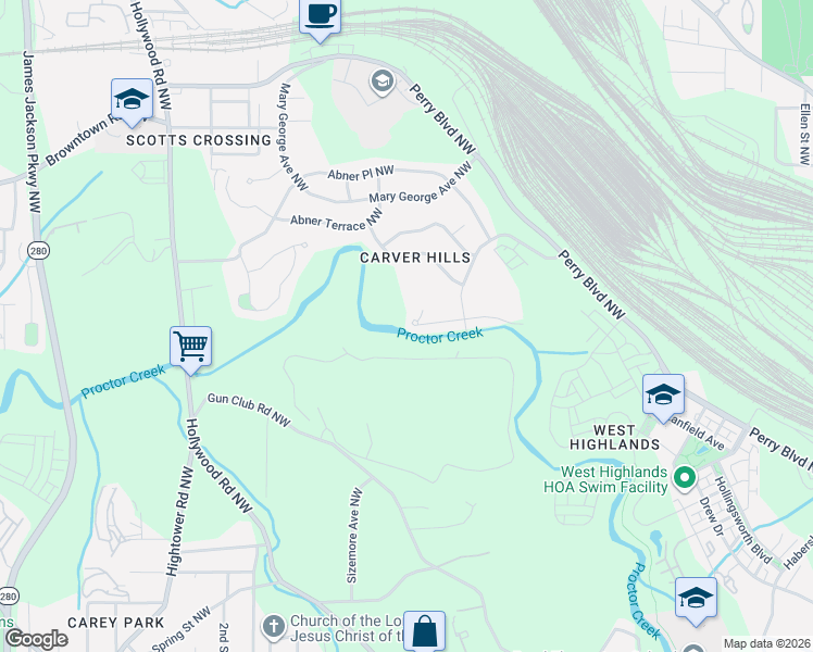 map of restaurants, bars, coffee shops, grocery stores, and more near 2422 Clarissa Drive Northwest in Atlanta