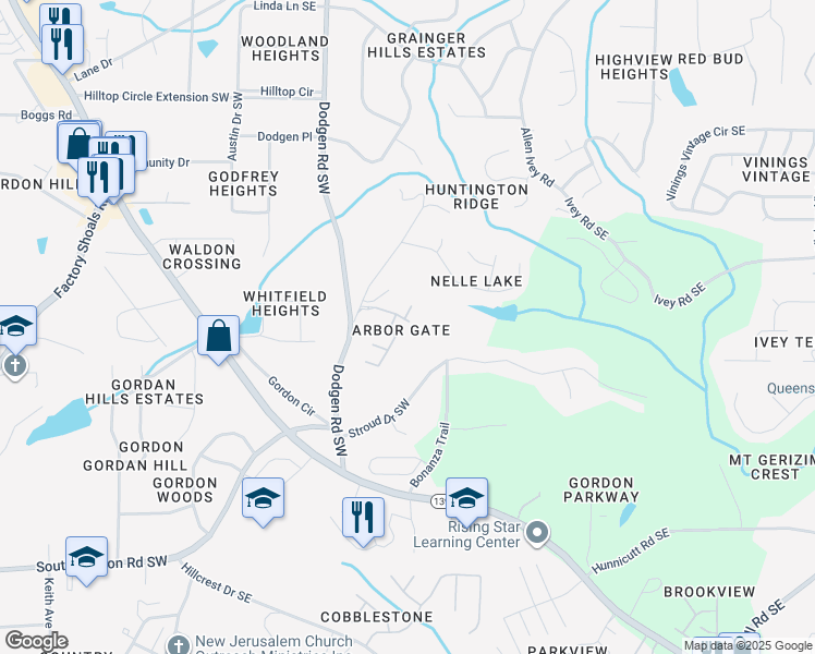 map of restaurants, bars, coffee shops, grocery stores, and more near 121 Stroud Drive Southeast in Mableton
