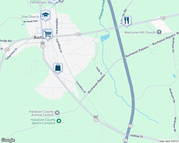 map of restaurants, bars, coffee shops, grocery stores, and more near in Buchanan