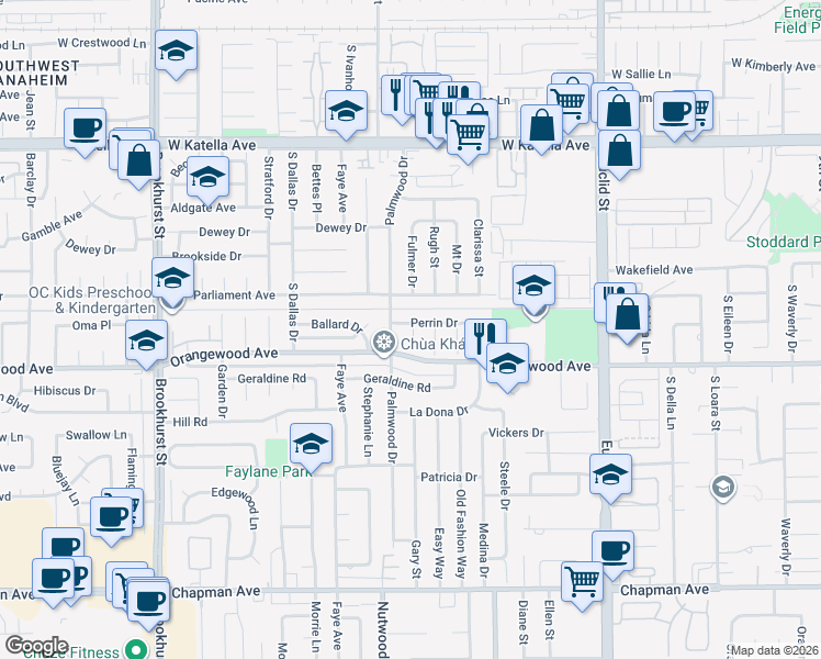 map of restaurants, bars, coffee shops, grocery stores, and more near 11401 Tobie Street in Garden Grove