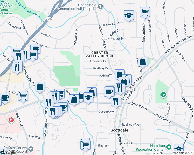 map of restaurants, bars, coffee shops, grocery stores, and more near 2967 Cedar Brook Drive in Decatur