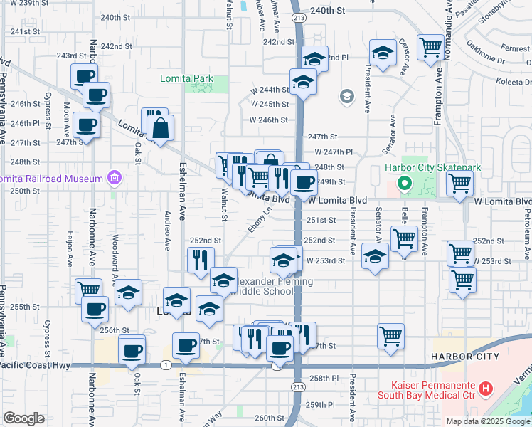 map of restaurants, bars, coffee shops, grocery stores, and more near 2356 251st Street in Lomita