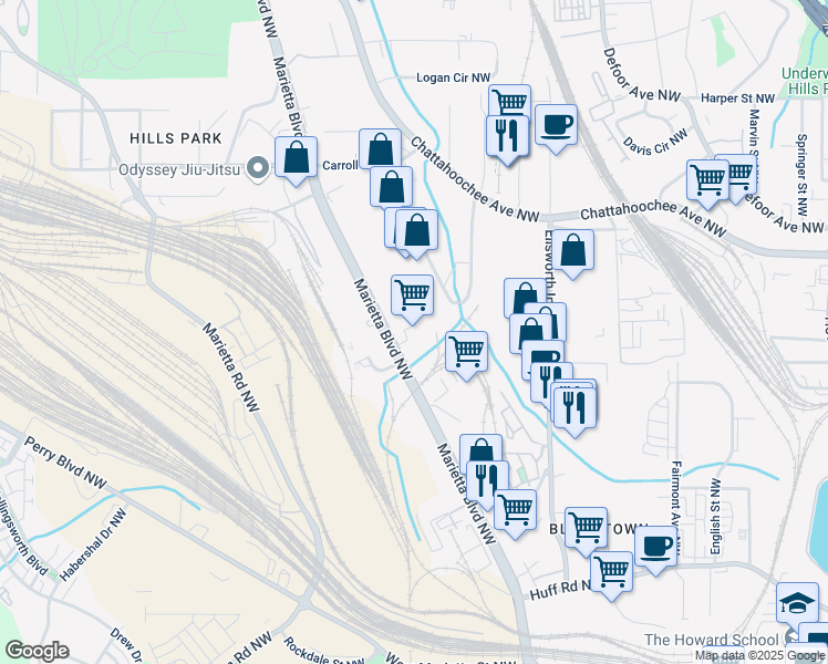 map of restaurants, bars, coffee shops, grocery stores, and more near 1531 Marietta Boulevard Northwest in Atlanta