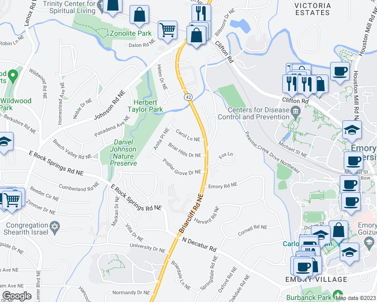 map of restaurants, bars, coffee shops, grocery stores, and more near 1242 Briar Hills Drive Northeast in Atlanta