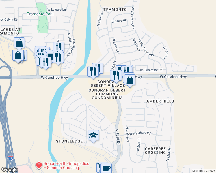 map of restaurants, bars, coffee shops, grocery stores, and more near 2717 West Carefree Highway in Phoenix