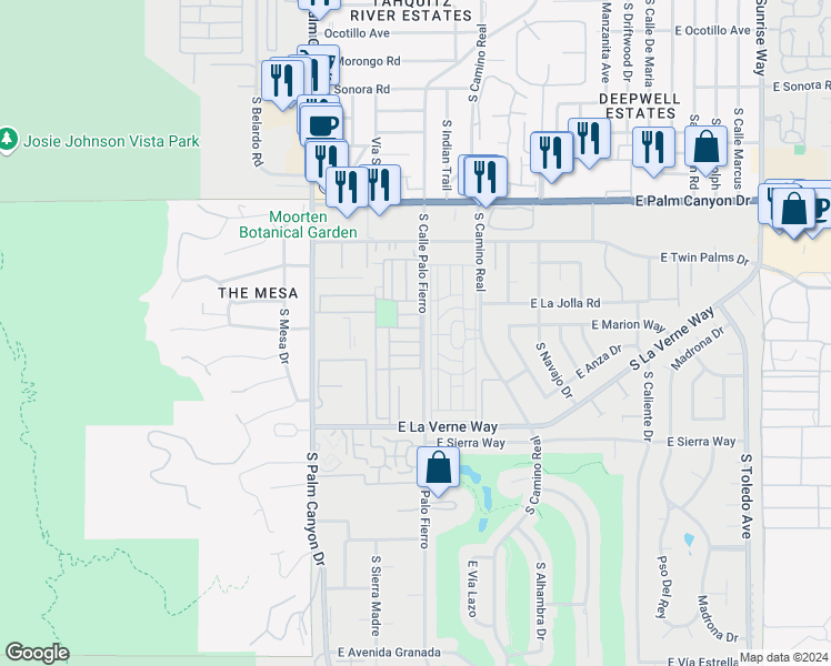 map of restaurants, bars, coffee shops, grocery stores, and more near 706 Maui Lane in Palm Springs