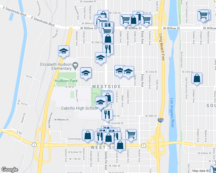 map of restaurants, bars, coffee shops, grocery stores, and more near West Hill Street in Long Beach