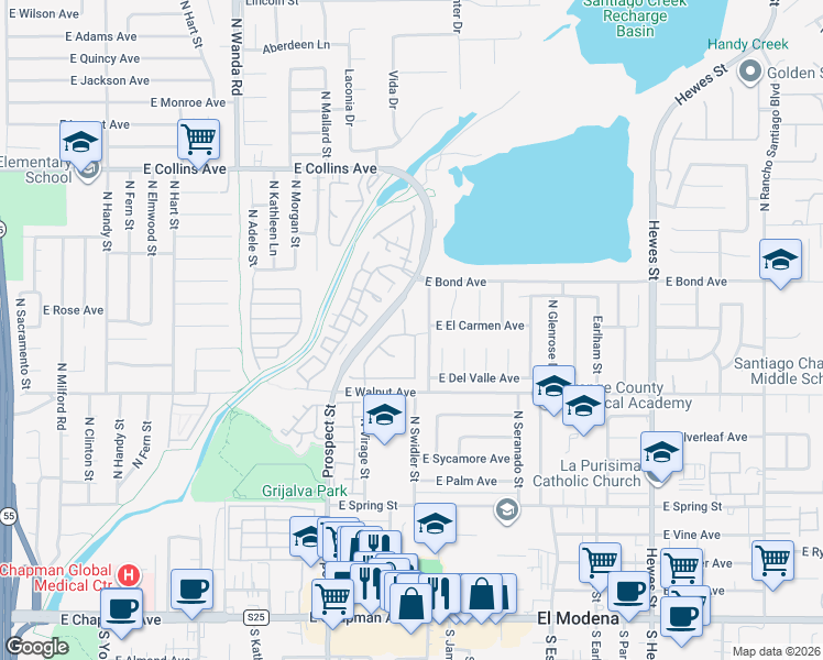 map of restaurants, bars, coffee shops, grocery stores, and more near 615 North Oxford Court in Orange