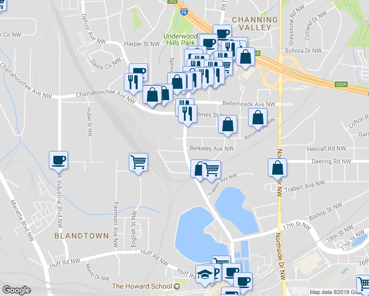map of restaurants, bars, coffee shops, grocery stores, and more near 1096 Berkeley Avenue Northwest in Atlanta