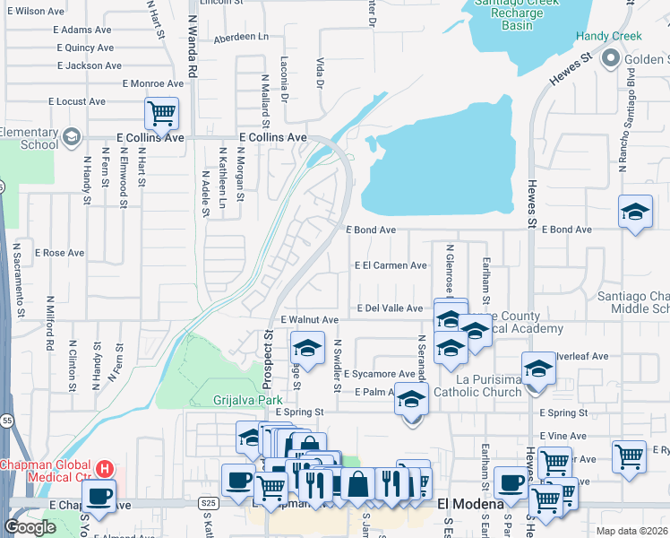 map of restaurants, bars, coffee shops, grocery stores, and more near 615 North Oxford Court in Orange
