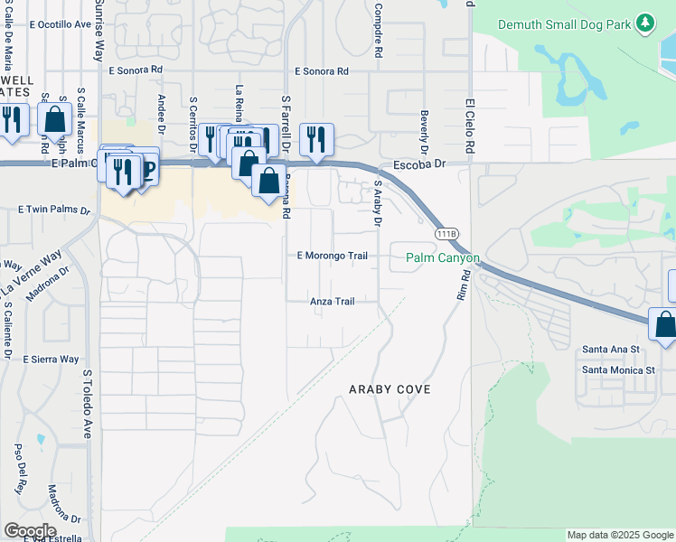 map of restaurants, bars, coffee shops, grocery stores, and more near 2788 Princess Lane in Palm Springs