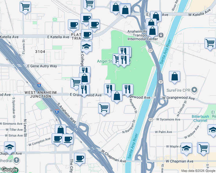 map of restaurants, bars, coffee shops, grocery stores, and more near 2209 East Orangewood Avenue in Anaheim