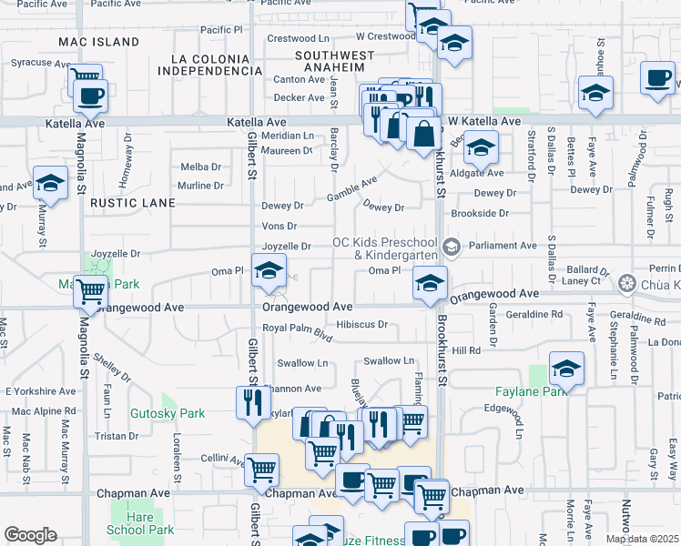 map of restaurants, bars, coffee shops, grocery stores, and more near 11392 Barclay Drive in Garden Grove