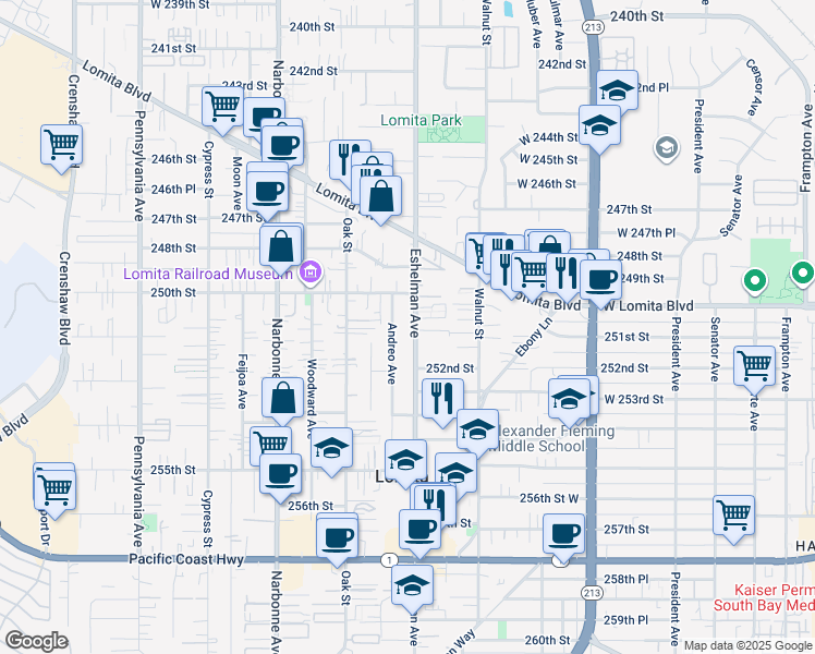 map of restaurants, bars, coffee shops, grocery stores, and more near 25039 Eshelman Avenue in Lomita