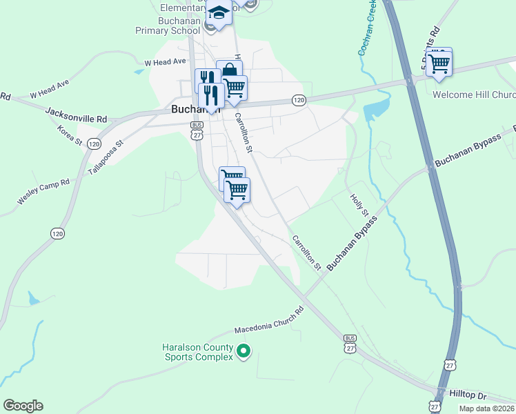 map of restaurants, bars, coffee shops, grocery stores, and more near 3343 U.S. 27 Business in Buchanan