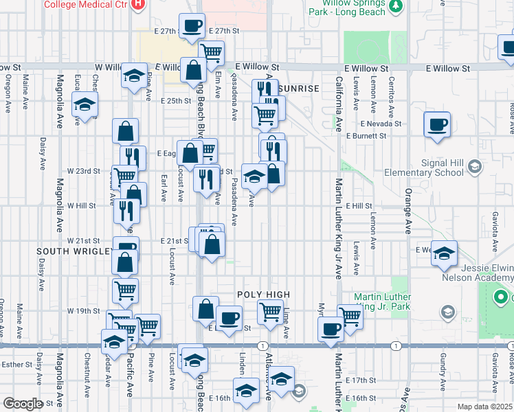 map of restaurants, bars, coffee shops, grocery stores, and more near 565 East Hill Street in Long Beach