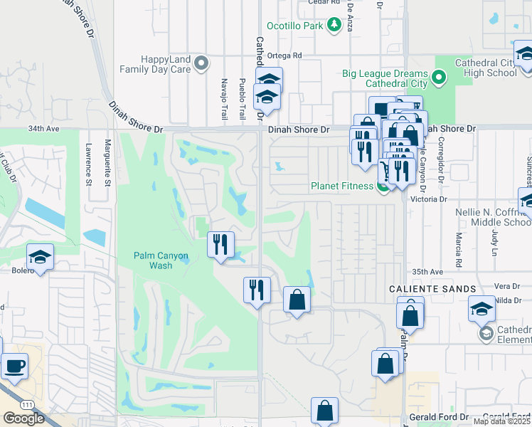 map of restaurants, bars, coffee shops, grocery stores, and more near 68509 Paseo Soria in Cathedral City