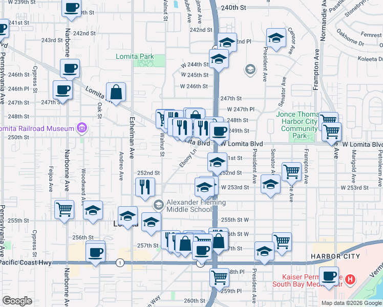 map of restaurants, bars, coffee shops, grocery stores, and more near 2411 251st Street in Lomita