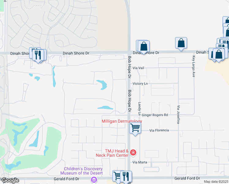 map of restaurants, bars, coffee shops, grocery stores, and more near 22 Oak Tree Drive in Rancho Mirage