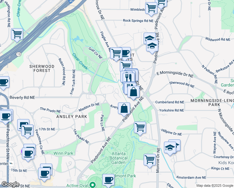 map of restaurants, bars, coffee shops, grocery stores, and more near 99 Avery Drive Northeast in Atlanta