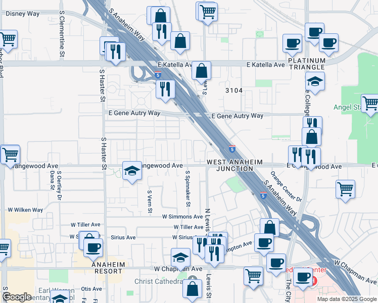 map of restaurants, bars, coffee shops, grocery stores, and more near 2060 South Spinnaker Street in Anaheim