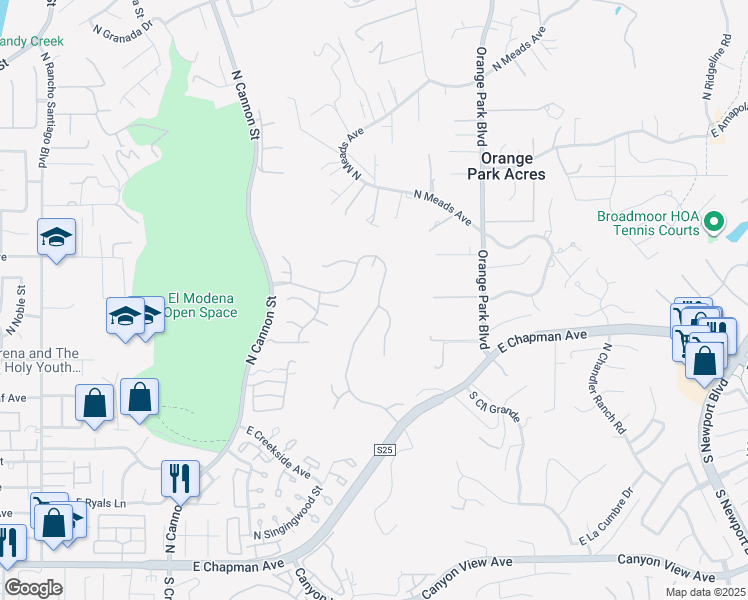 map of restaurants, bars, coffee shops, grocery stores, and more near 6206 East Cliffway Drive in Orange